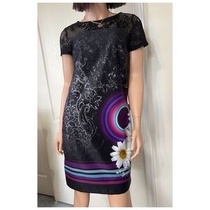 Desigual Lace Top Printed Sheath Floral Dress - Black - Size Small